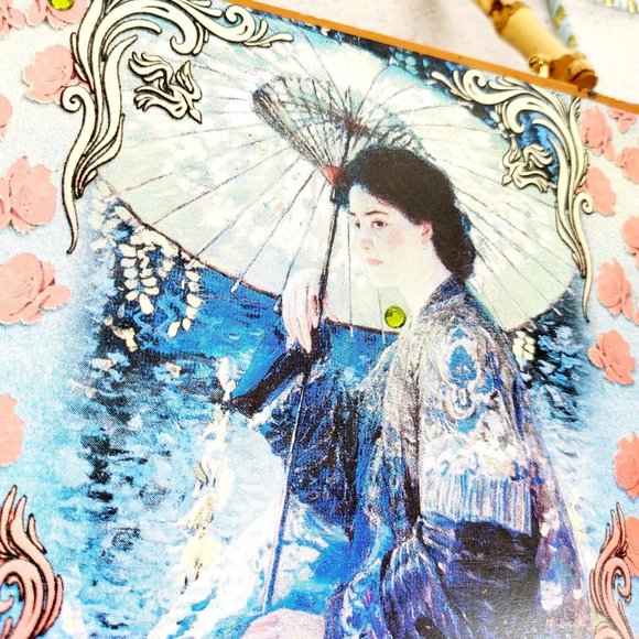VIntage Parasol Painting Art Wooden‎ Vanity Crossbody Carry On Bag geisha 1909 - Picture 8 of 12
